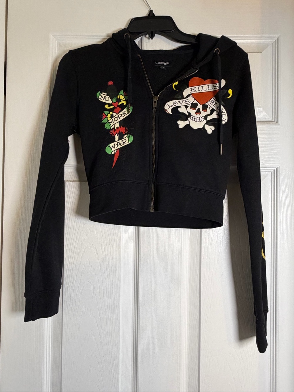 Ed Hardy Black Graphic Zip Hoodie with Skull & Floral Motifs